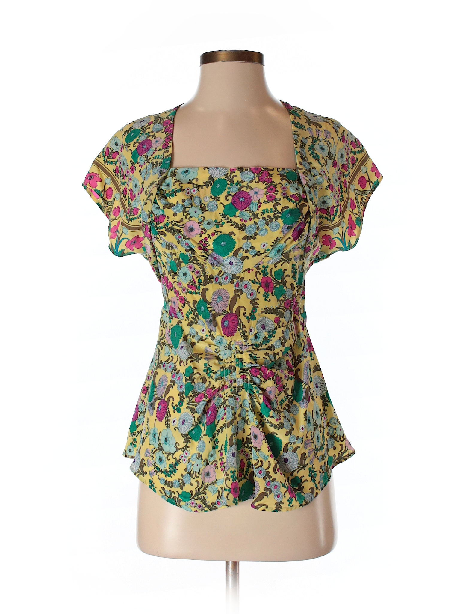 Plenty By Tracy Reese 100% Silk Floral Yellow Short Sleeve Silk Top ...