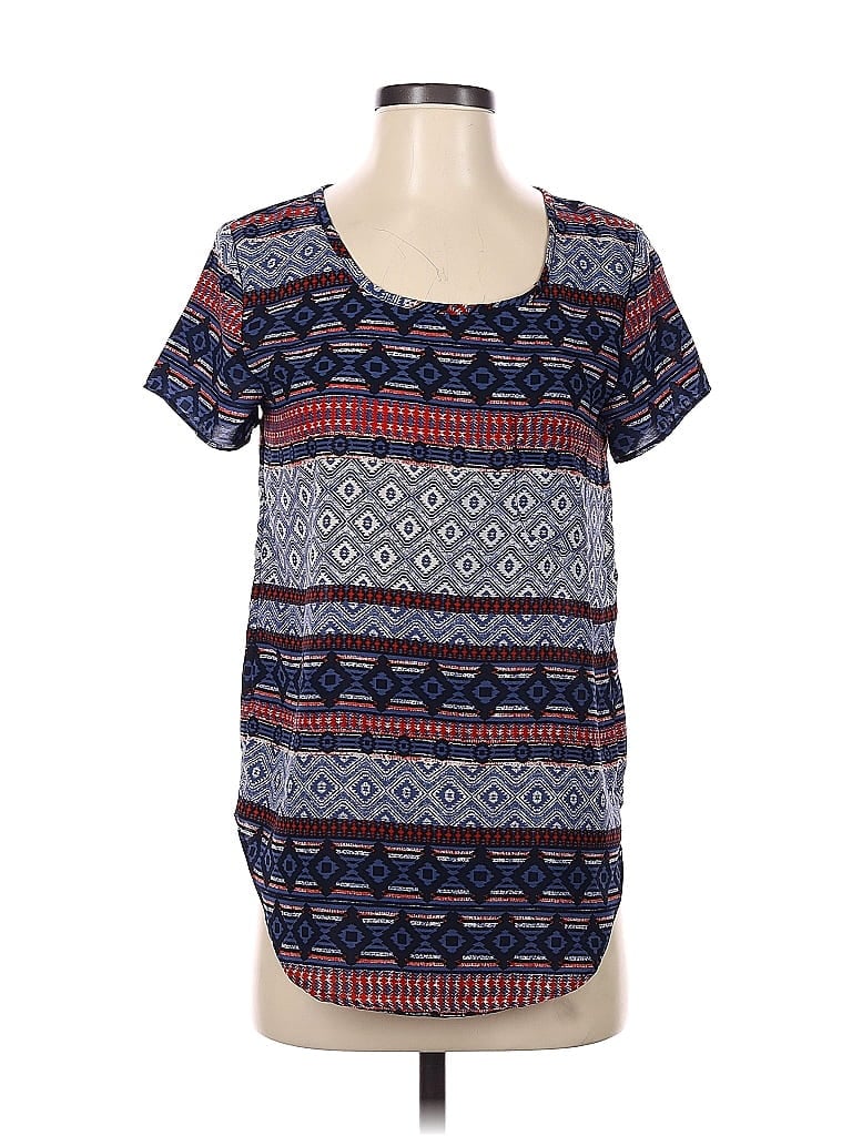 Japna 100% Polyester Fair Isle Aztec Or Tribal Print Blue Short Sleeve Blouse Size S - photo 1