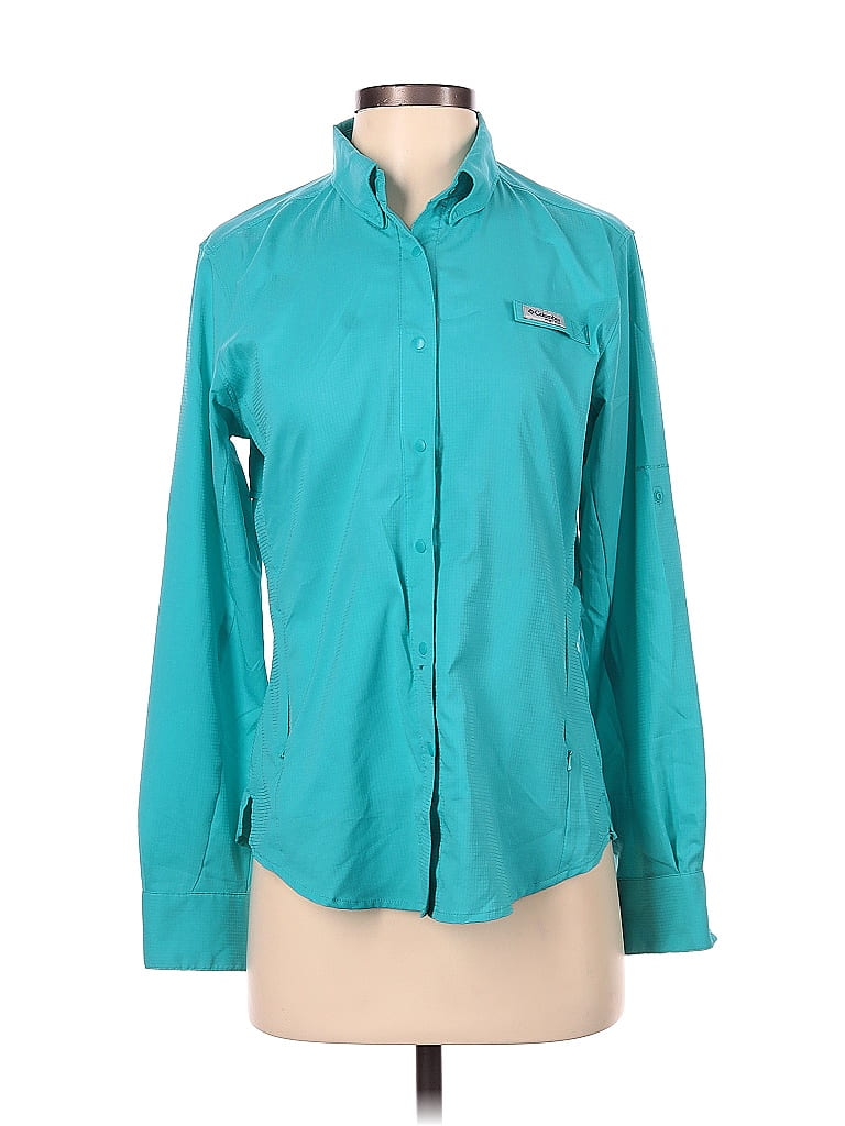 Columbia 100 Polyester Solid Blue Teal Long Sleeve Blouse Size S 64