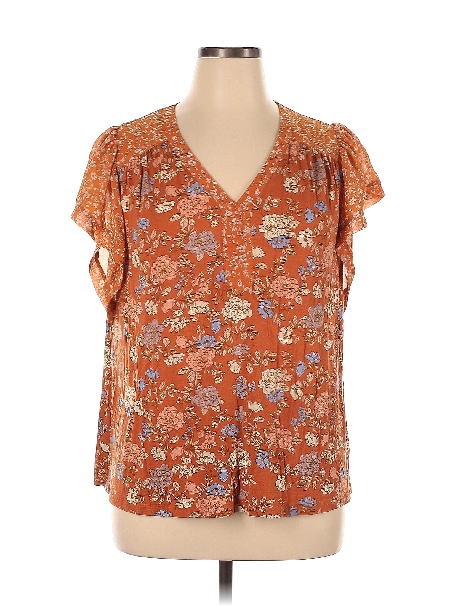 Les Serein Floral Burnt Orange Orange Short Sleeve Blouse Size 1X (Plus