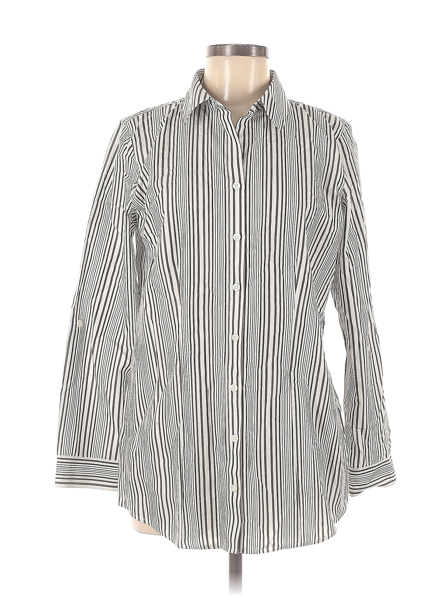 Chico's 100% Cotton Stripes Silver Long Sleeve Button-Down Shirt Size ...