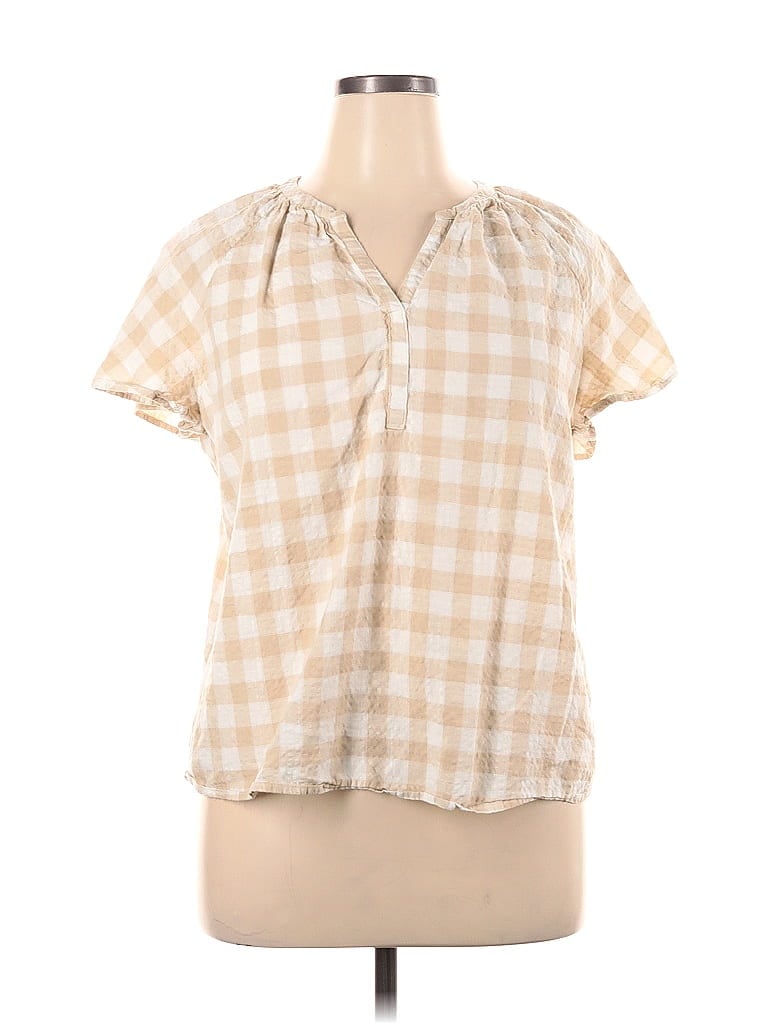 Sonoma Goods For Life Checkered Gingham Tan Short Sleeve Blouse Size Xl