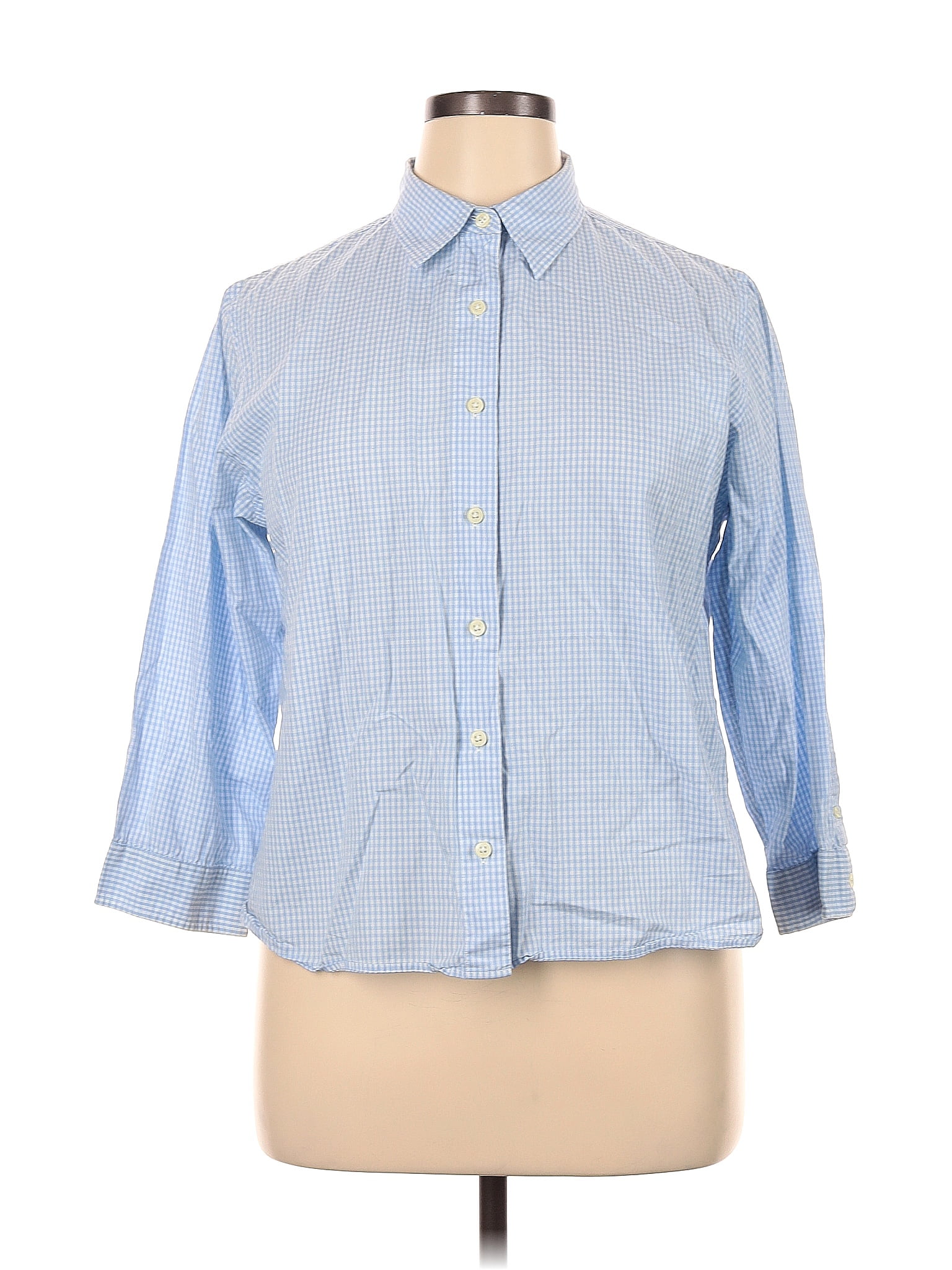 L.L.Bean 100% Cotton Checkered-gingham Blue Long Sleeve Button-Down ...