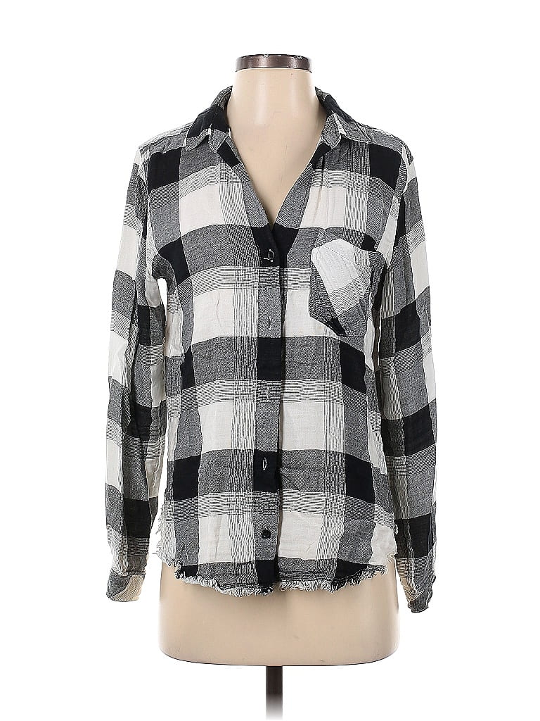 Peach Love Cream California 100% Polyester Checkered-gingham Plaid Gray Orange 3/4 Sleeve Blouse Size S - photo 1