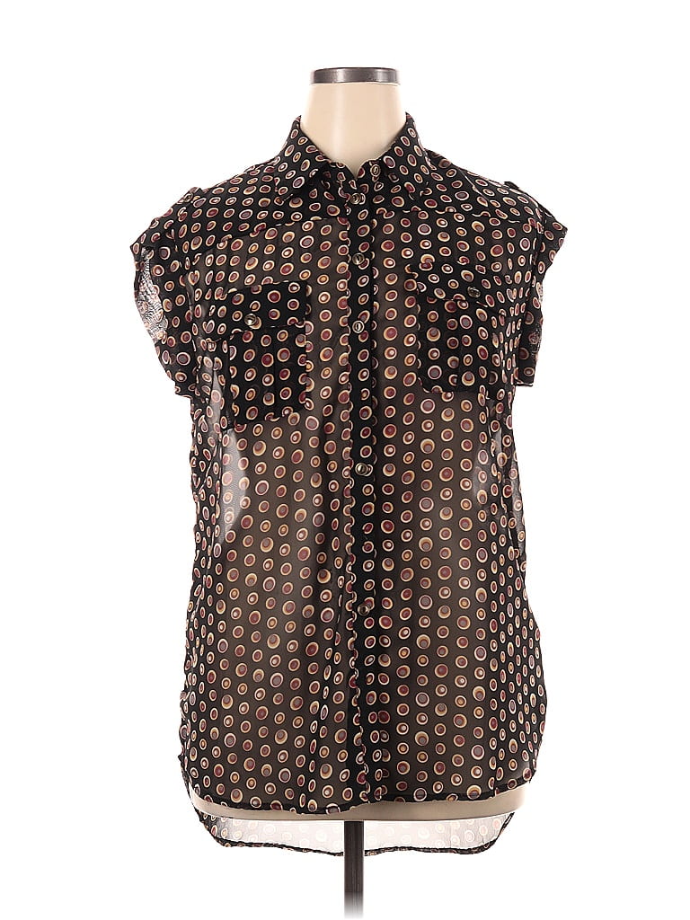 Pleione 100% Polyester Brocade Polka Dots Brown Short Sleeve Blouse Size XL - photo 1