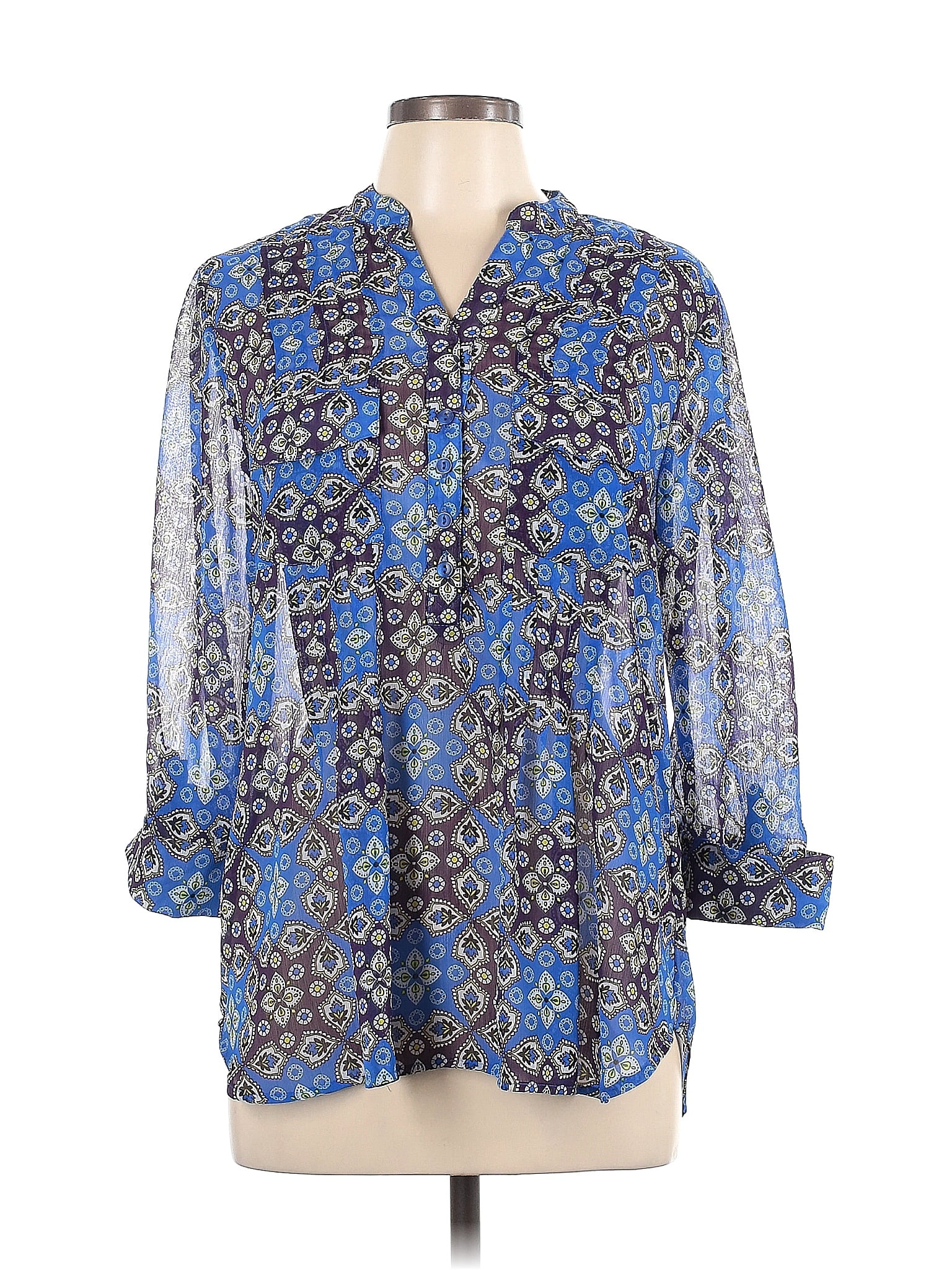 Zac And Rachel 100 Polyester Floral Motif Batik Blue Long Sleeve Blouse