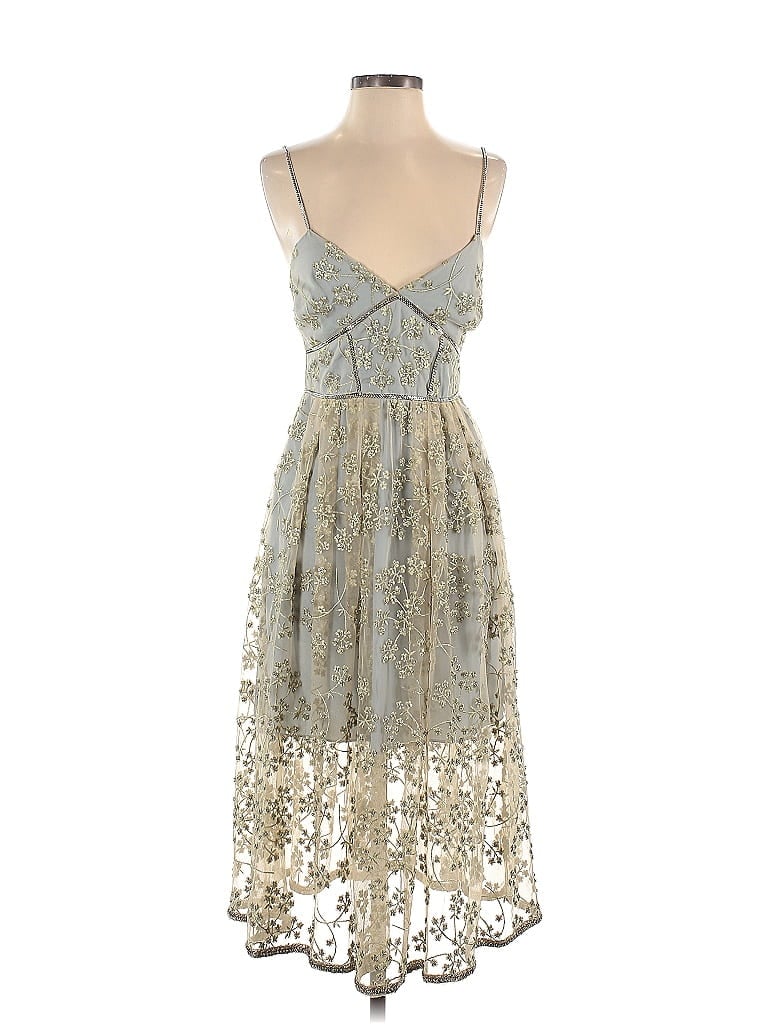 SelfPortrait Silver Metallic Floral Embroidery Chain Strap Dress Size