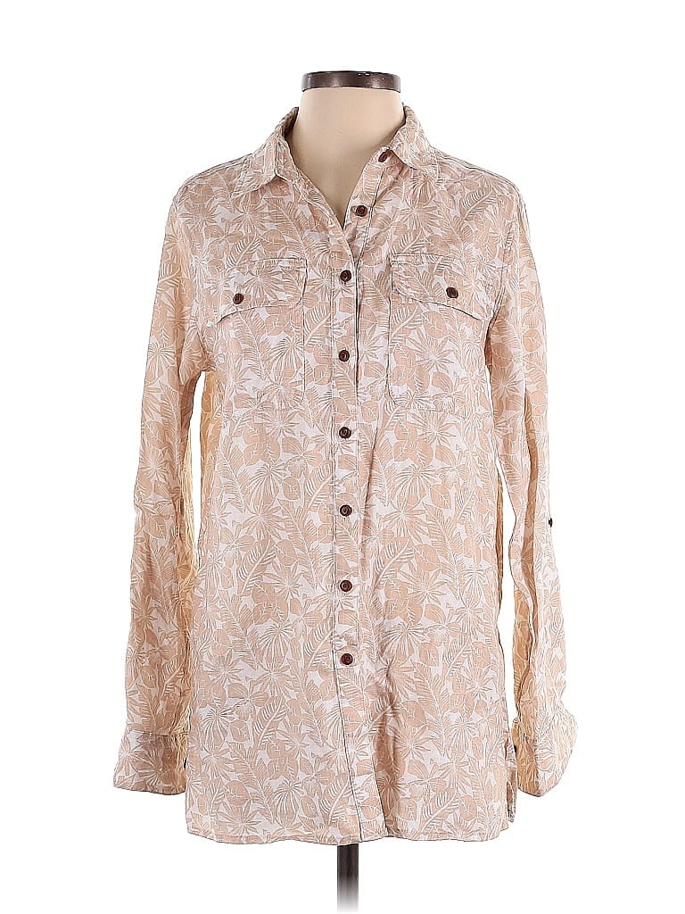Lands' End 100% Linen Floral Motif Tropical Tan Long Sleeve Button-Down Shirt Size S - photo 1