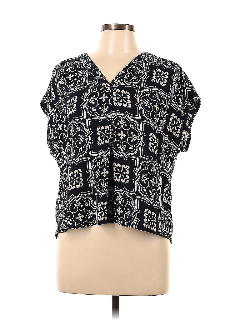 Ann Taylor 100% Polyester Batik Aztec Or Tribal Print Black Short Sleeve Blouse Size L - photo 1