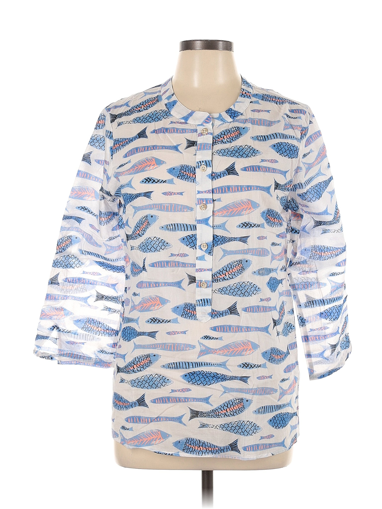 Persifor 100% Cotton Print Blue 3/4 Sleeve Blouse Size L - 70% off ...