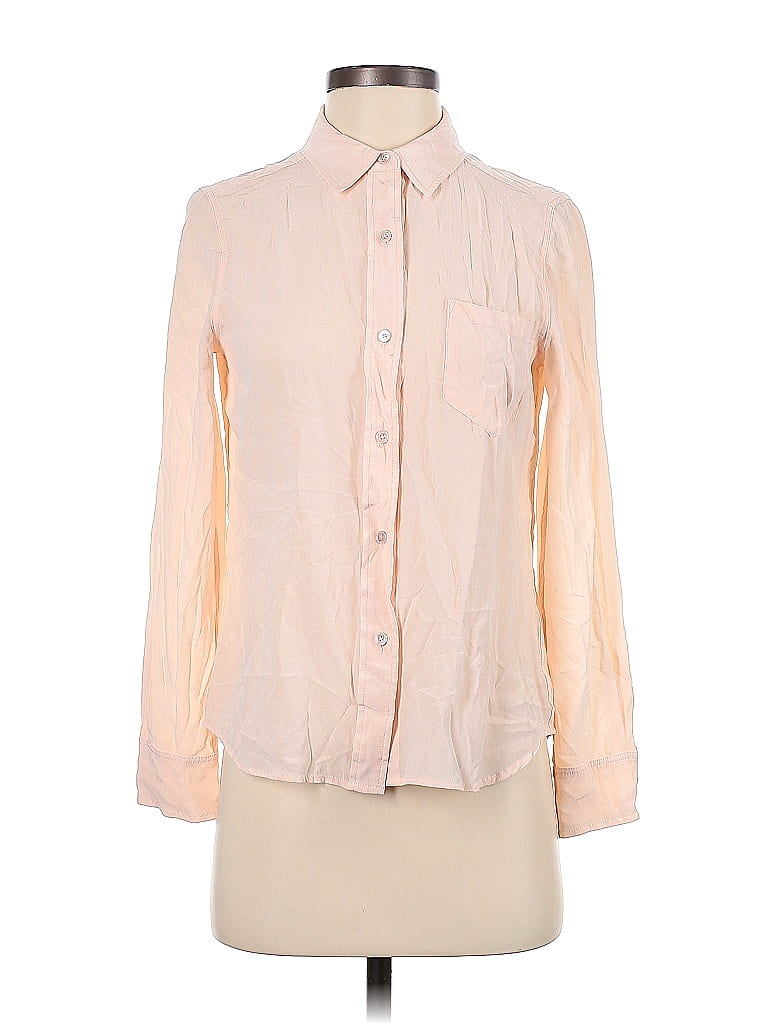 Pre-owned Rails Long Sleeve Silk Top Ivory Color Block Pattern Collared Neckline Tops In White