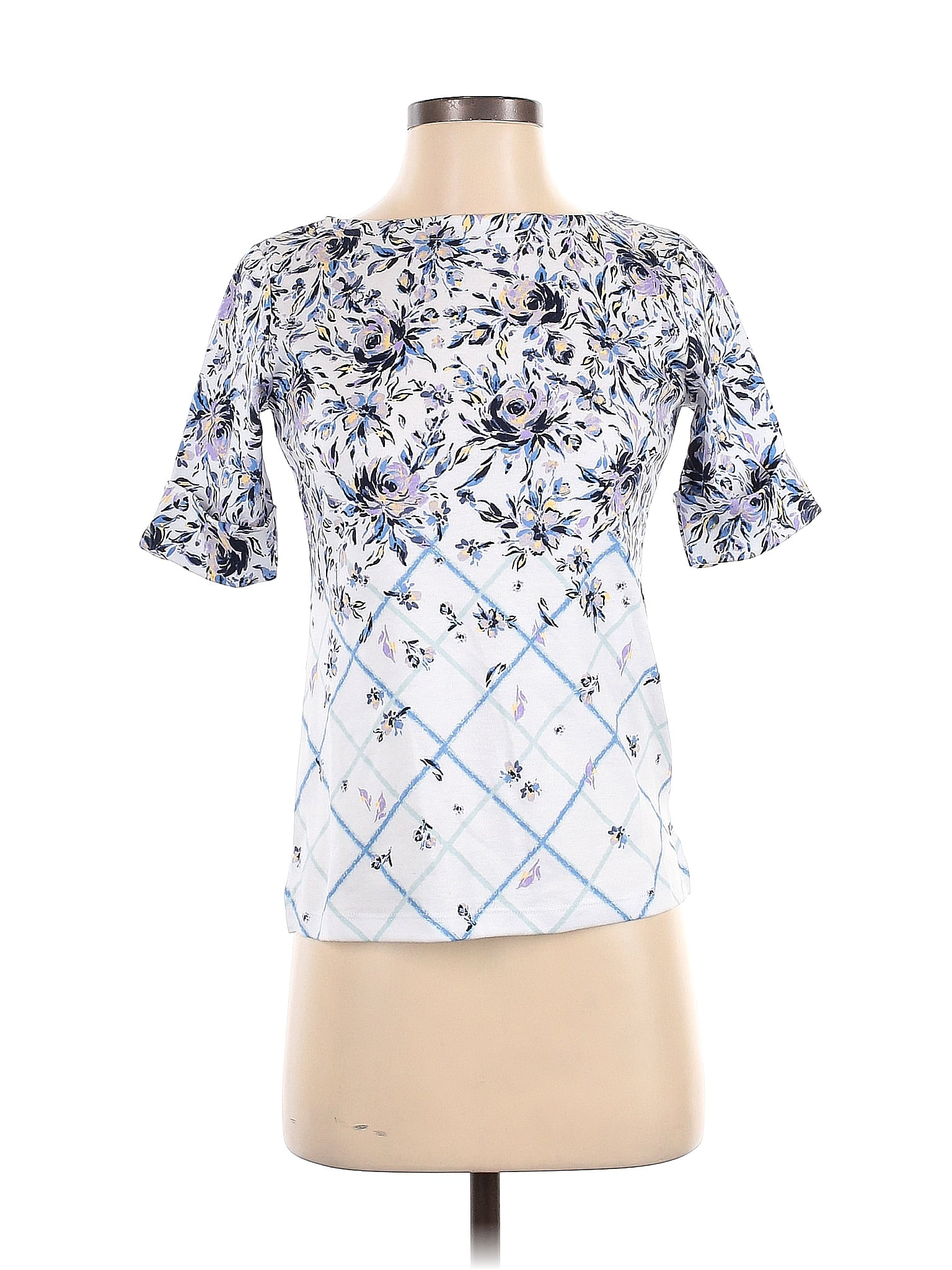 Karen Scott Petite Short Sleeve Gingham Bloom Split Neck Top