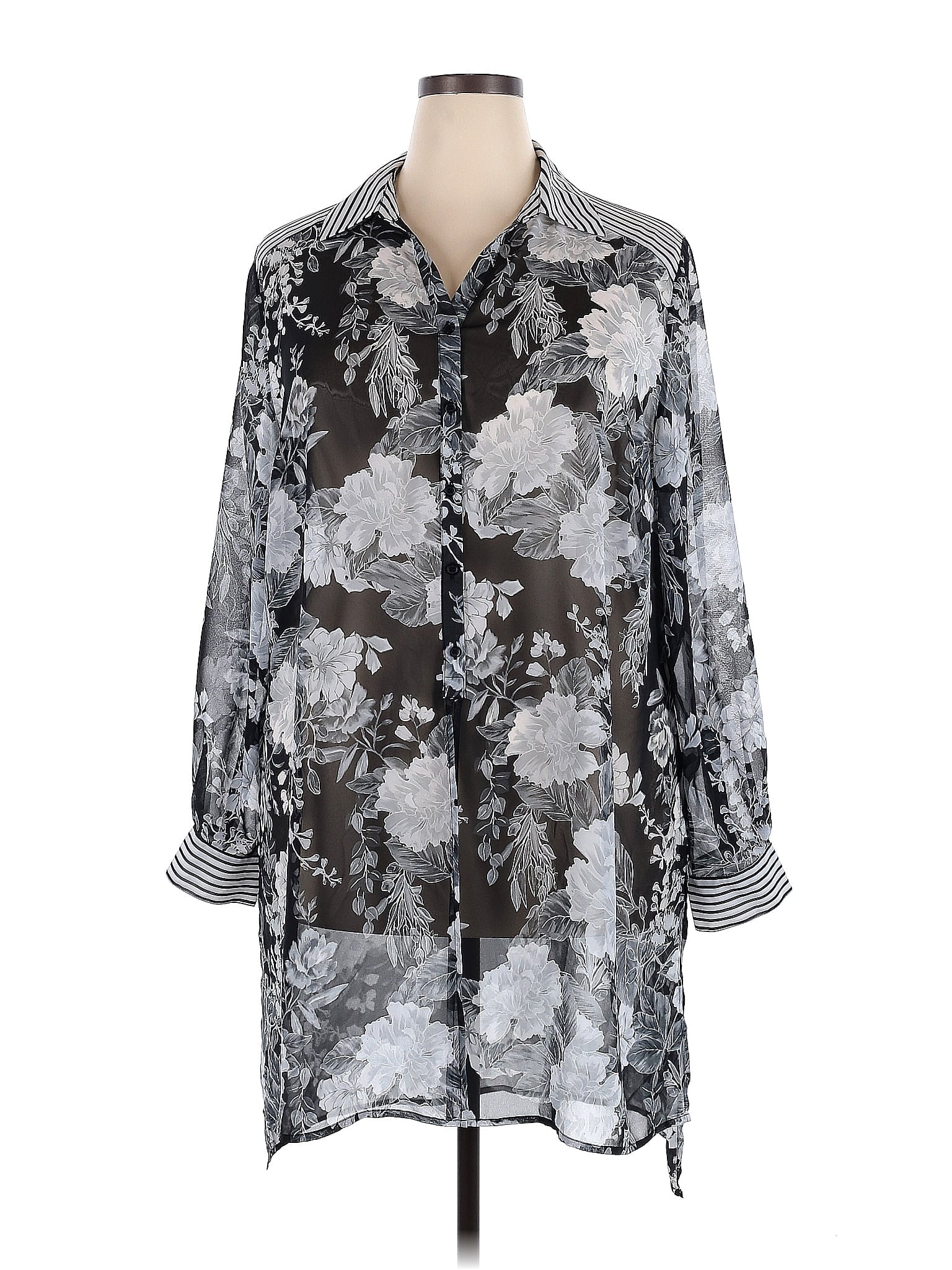 INC International Concepts Women's Floral Ruffle Drawstring V Neck Blouse Black Size X-Large