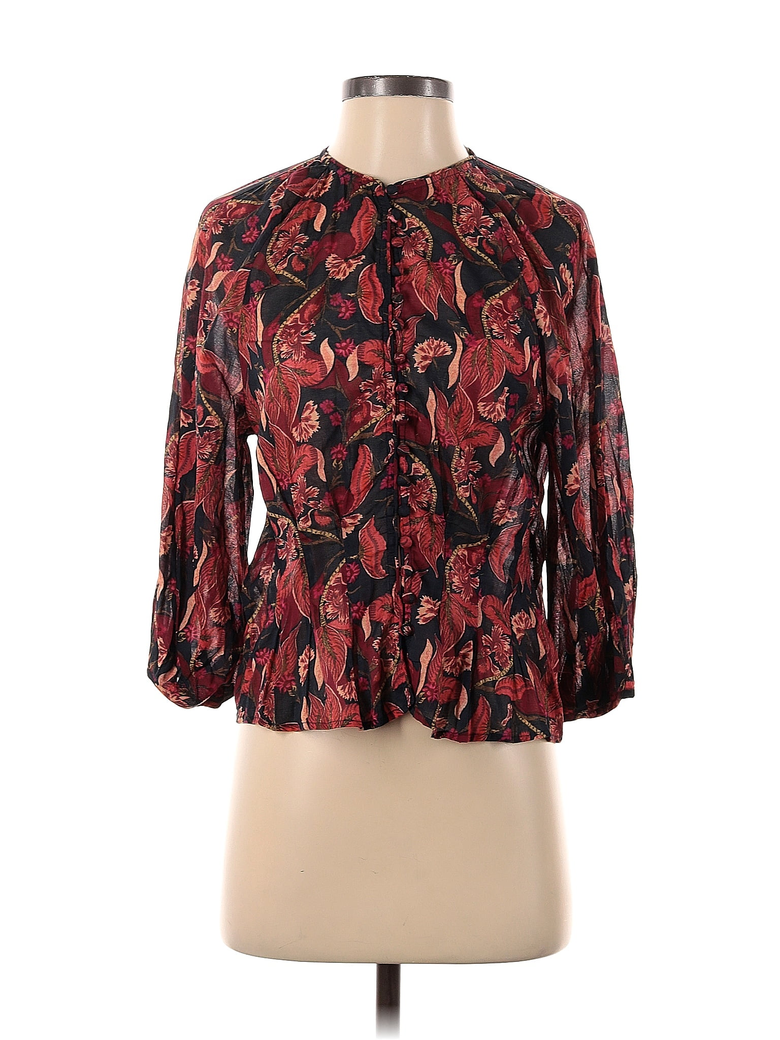 DÔEN 100% Cotton Floral Paisley Burgundy 3/4 Sleeve Blouse Size S - 61% ...