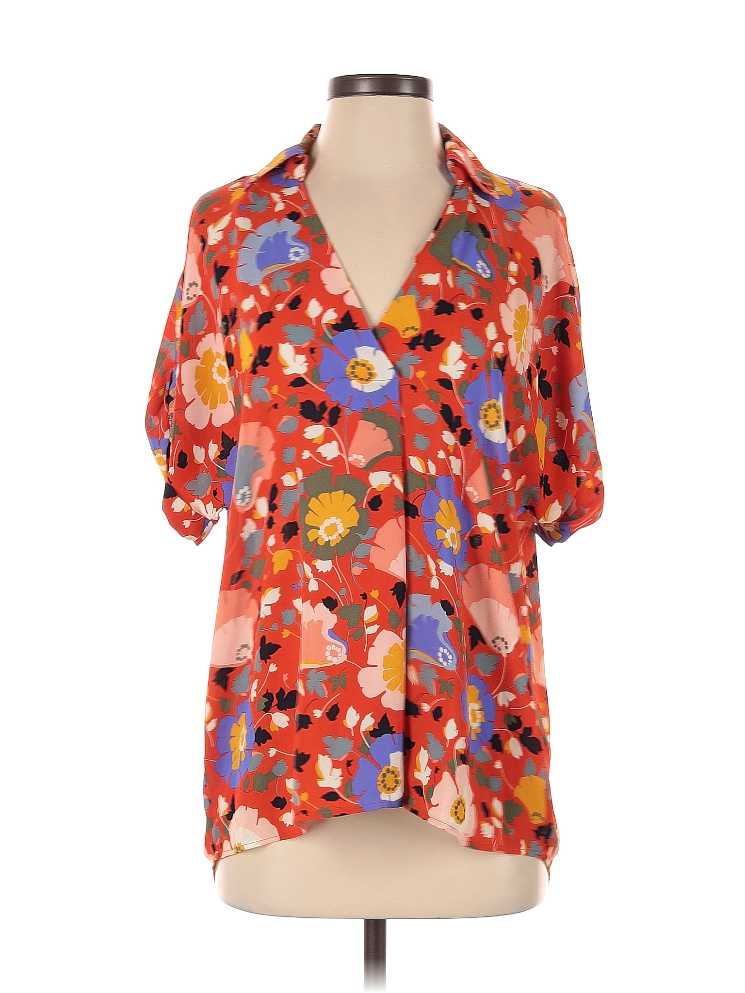 Cabi 100 Polyester Floral Motif Floral Orange Short Sleeve Blouse Size