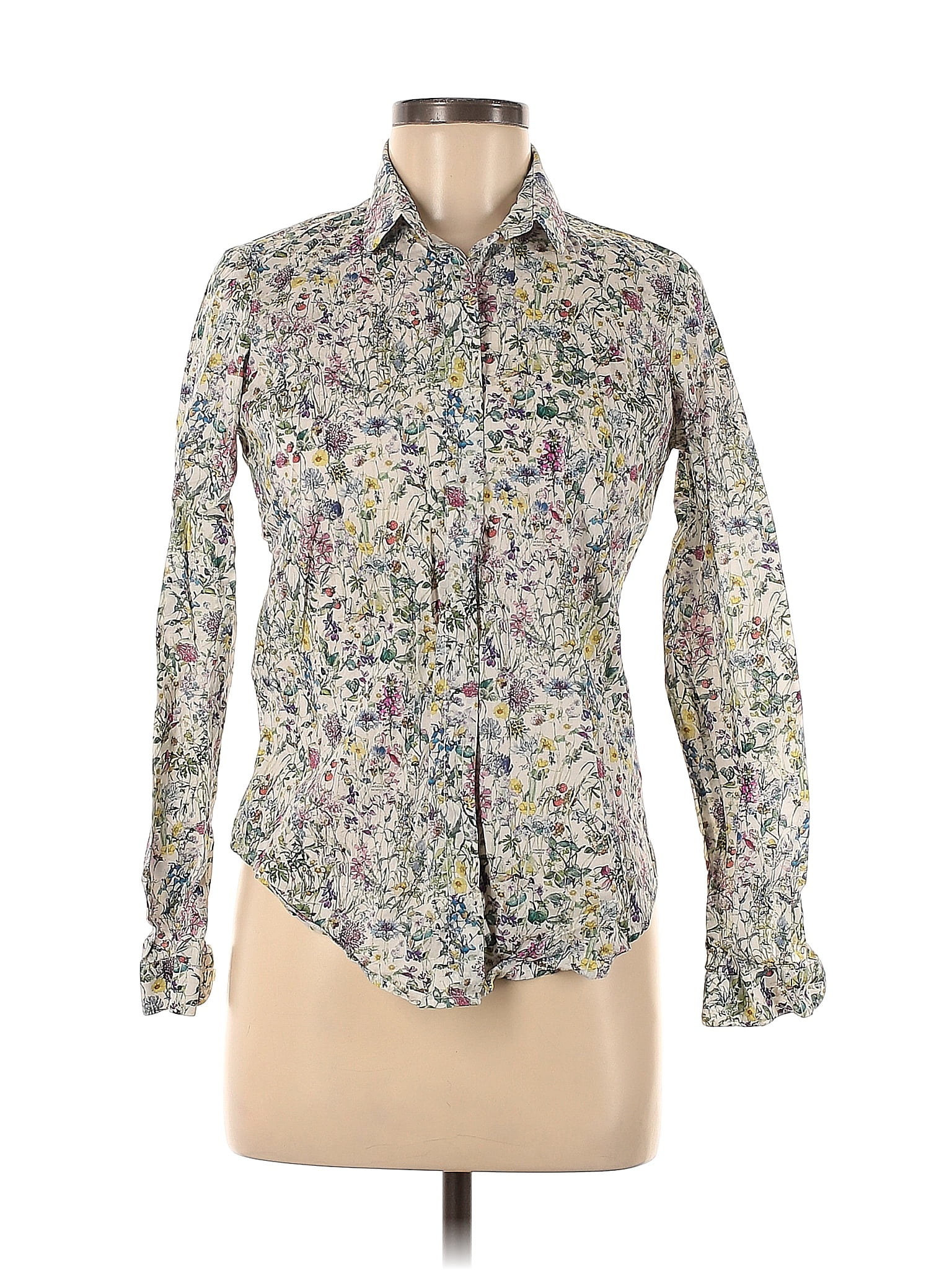 T.M. Lewin 100% Cotton Floral Motif Floral Ivory Long Sleeve Button ...