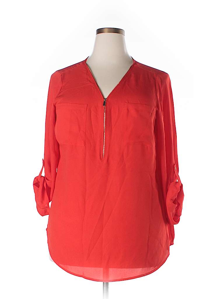 Zac & Rachel 100% Polyester Solid Red 3/4 Sleeve Blouse Size 1X (Plus ...
