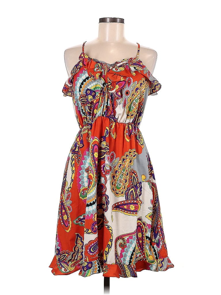 Fire Los Angeles 100% Polyester Paisley Baroque Print Aztec Or Tribal Print Orange Casual Dress Size M - photo 1