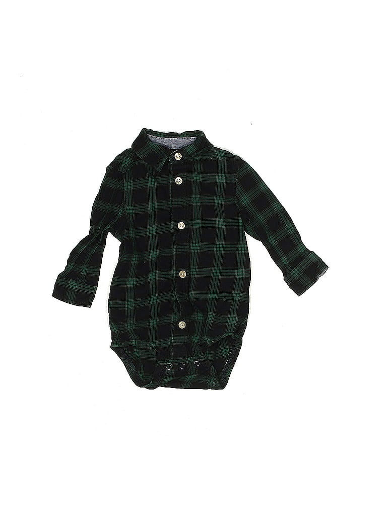 Genuine Kids from Oshkosh 100% Cotton Checkered-gingham Grid Plaid Green Long Sleeve Onesie Size 12 mo - photo 1