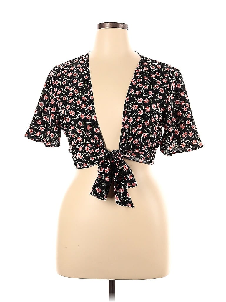 Pre-owned Shein Curve Short Sleeve Top Black Tie Neck Tops