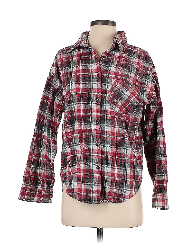 Brandy Melville 100% Cotton Plaid Red Long Sleeve Button-Down Shirt One Size - photo 1