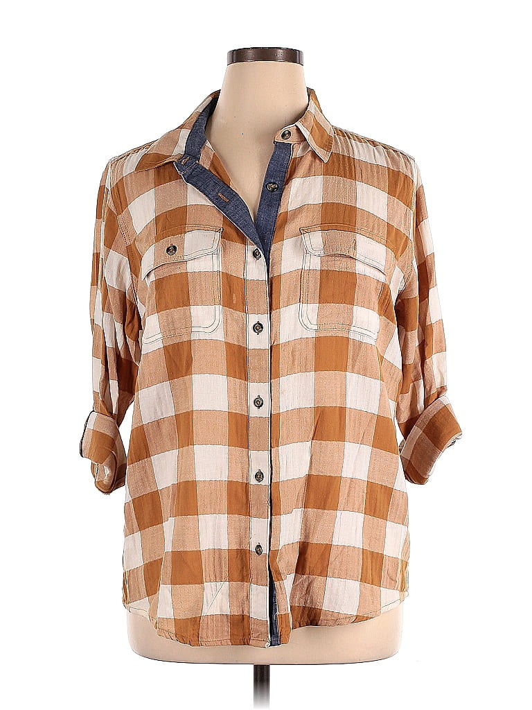 Magellan's Checkered-gingham Plaid Brown Long Sleeve Button-Down Shirt Size XL - photo 1