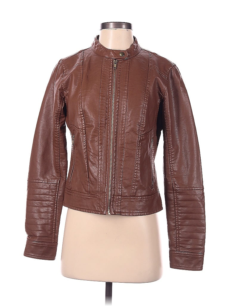 A New Day 100% Polyester Brown Faux Leather Jacket Size S - photo 1