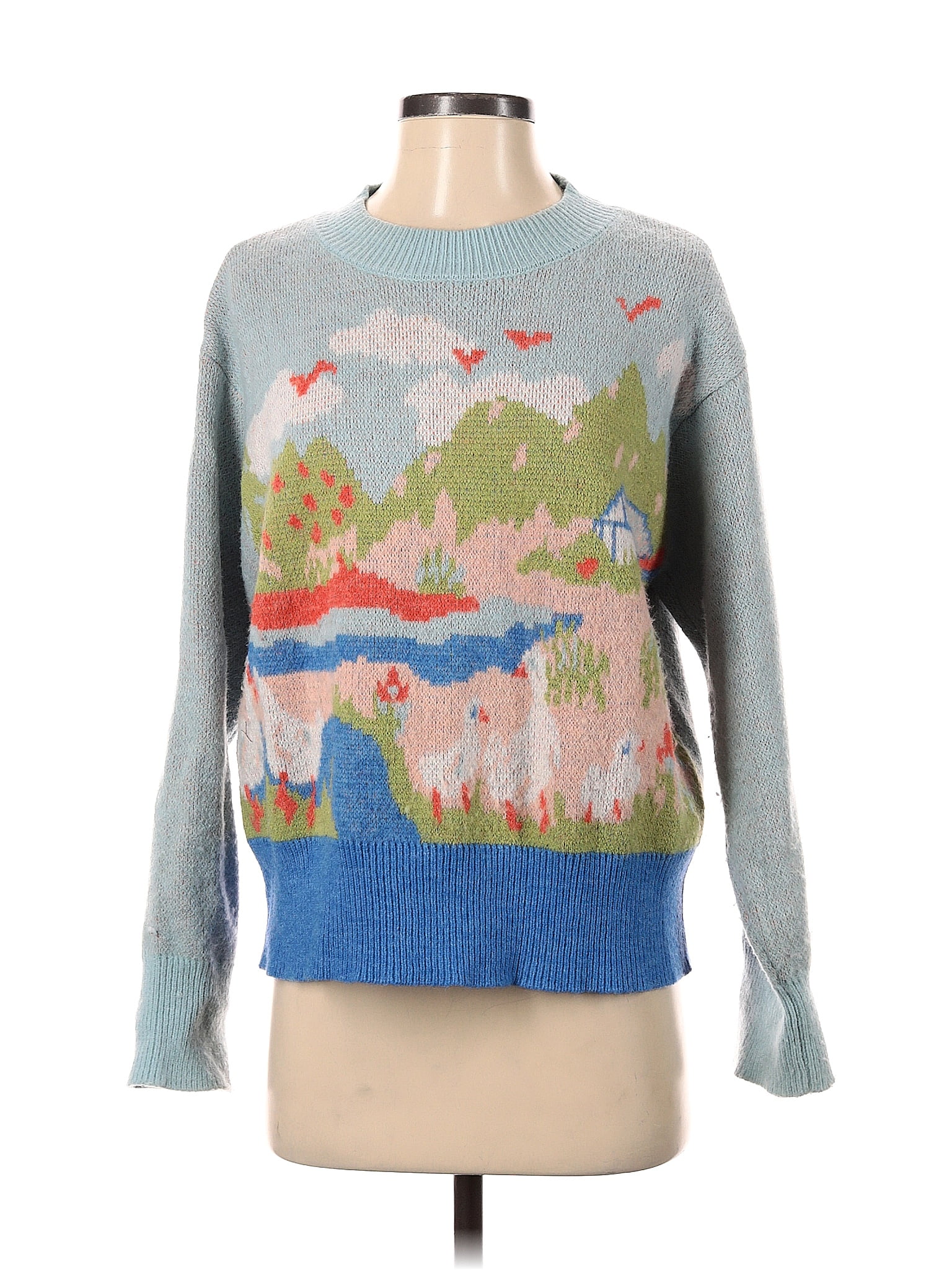 Cider Jacquard Acid Wash Print Graphic Color Block Blue Pullover