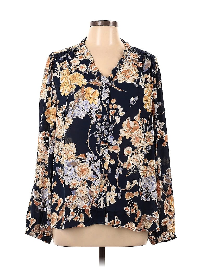 Well Worn 100% Polyester Floral Motif Floral Blue Long Sleeve Blouse Size L - photo 1