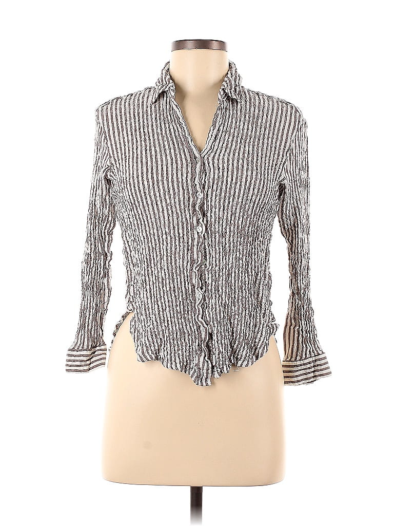 Jane and Delancey Stripes Gray Long Sleeve Button-Down Shirt Size M - photo 1