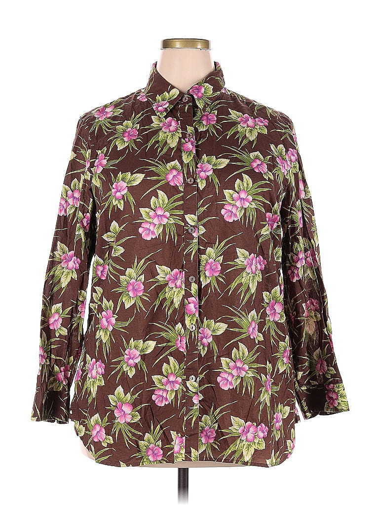 Jones New York Signature 100% Cotton Tortoise Floral Motif Floral Batik Brown Long Sleeve Button-Down Shirt Size 2X (Plus) - photo 1
