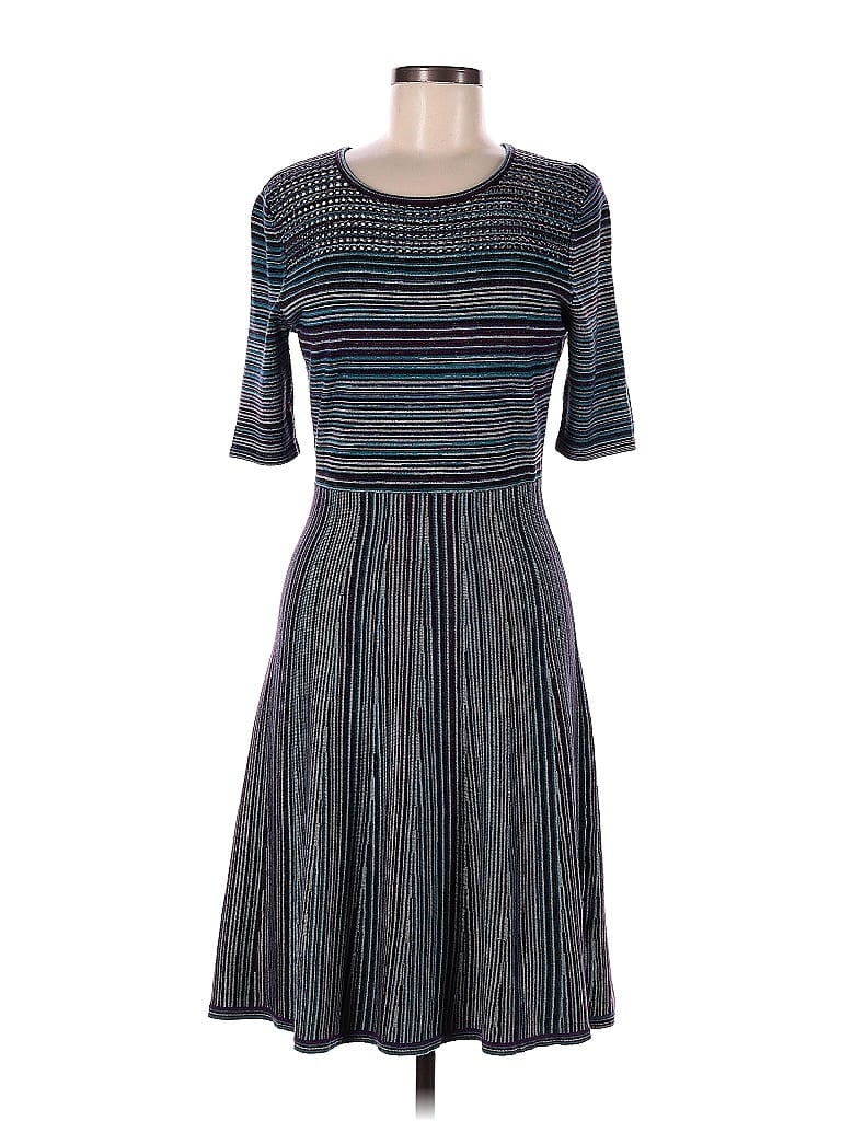Spense Marled Tweed Fair Isle Chevron-herringbone Stripes Gray Blue Casual Dress Size M - photo 1