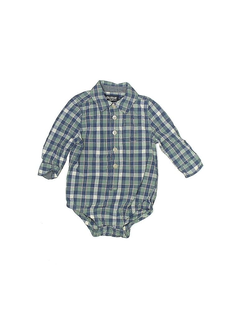 OshKosh B'gosh 100% Cotton Checkered-gingham Grid Plaid Tweed Green Blue Long Sleeve Onesie Size 9 mo - photo 1