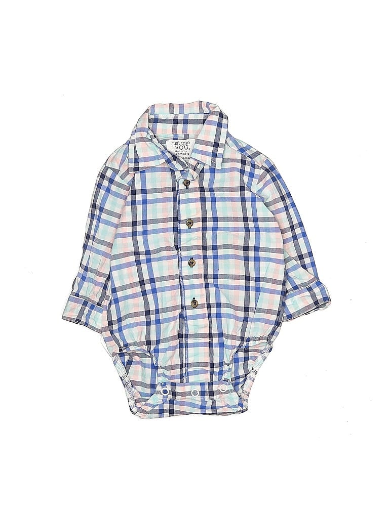 Just One You 100% Cotton Checkered-gingham Grid Plaid Blue Long Sleeve Onesie Size 3 mo - photo 1