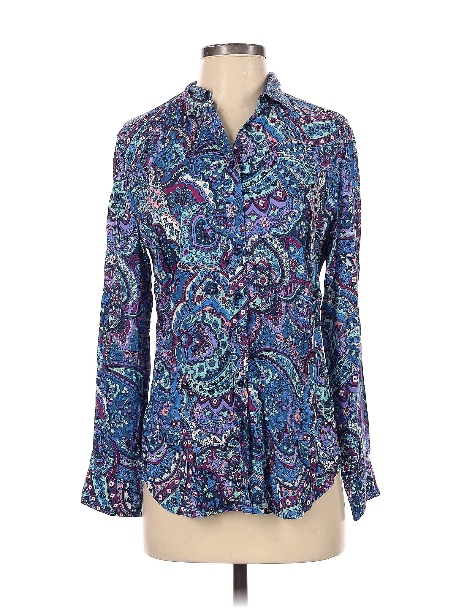 Talbots 100% Rayon Damask Paisley Baroque Print Batik Blue Long Sleeve ...