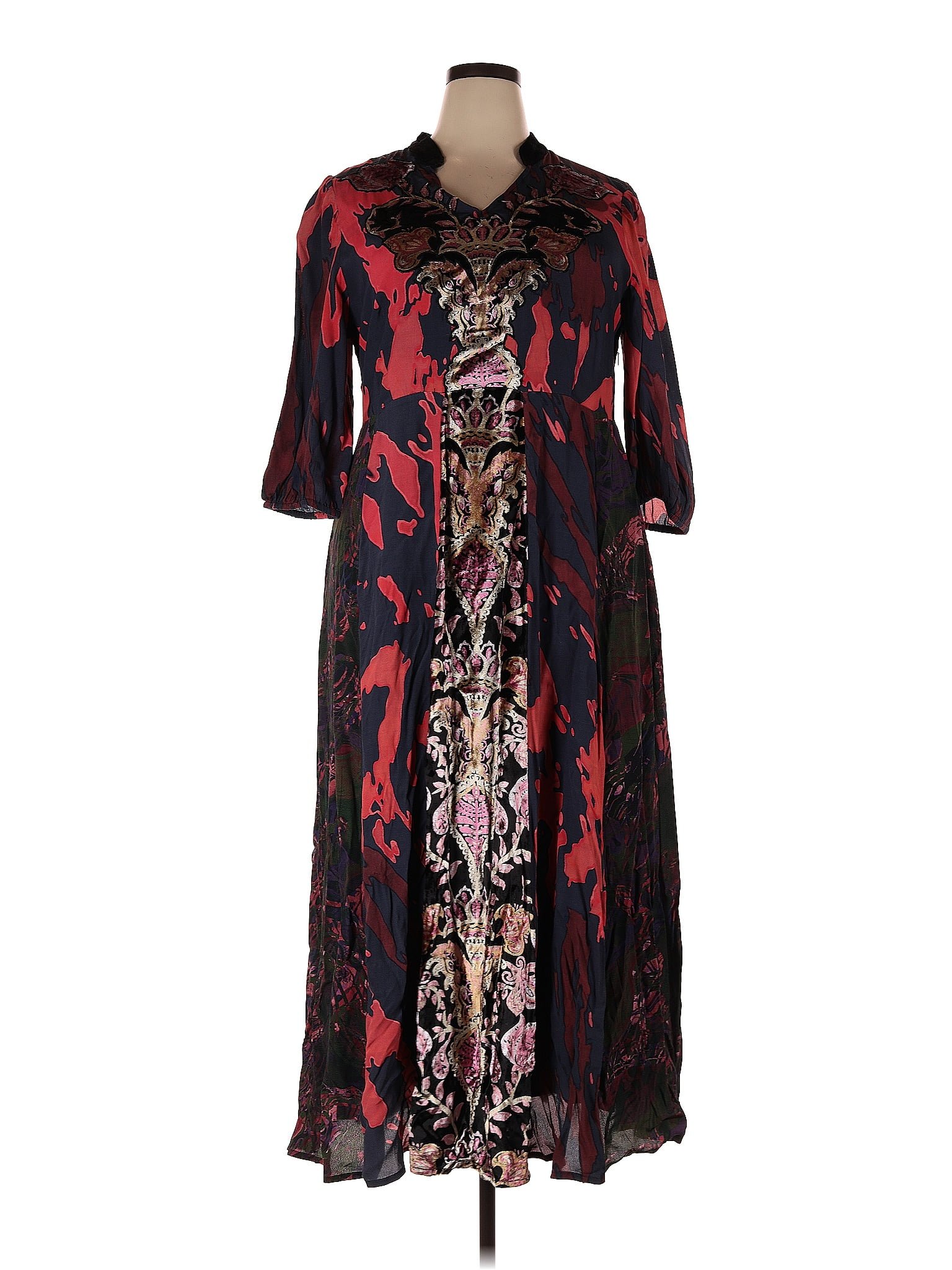 Soft Surroundings 100% Rayon Baroque Print Batik Burgundy Casual Dress 