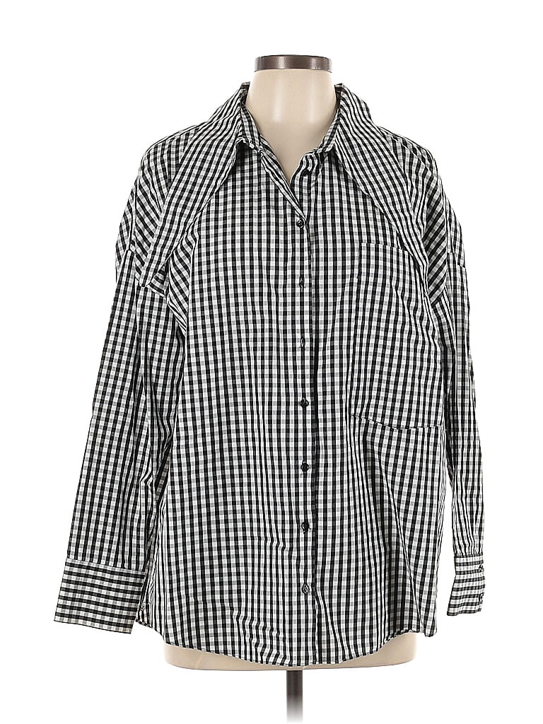 Zara Houndstooth Checkered-gingham Grid Black Long Sleeve Button-Down Shirt Size L - photo 1