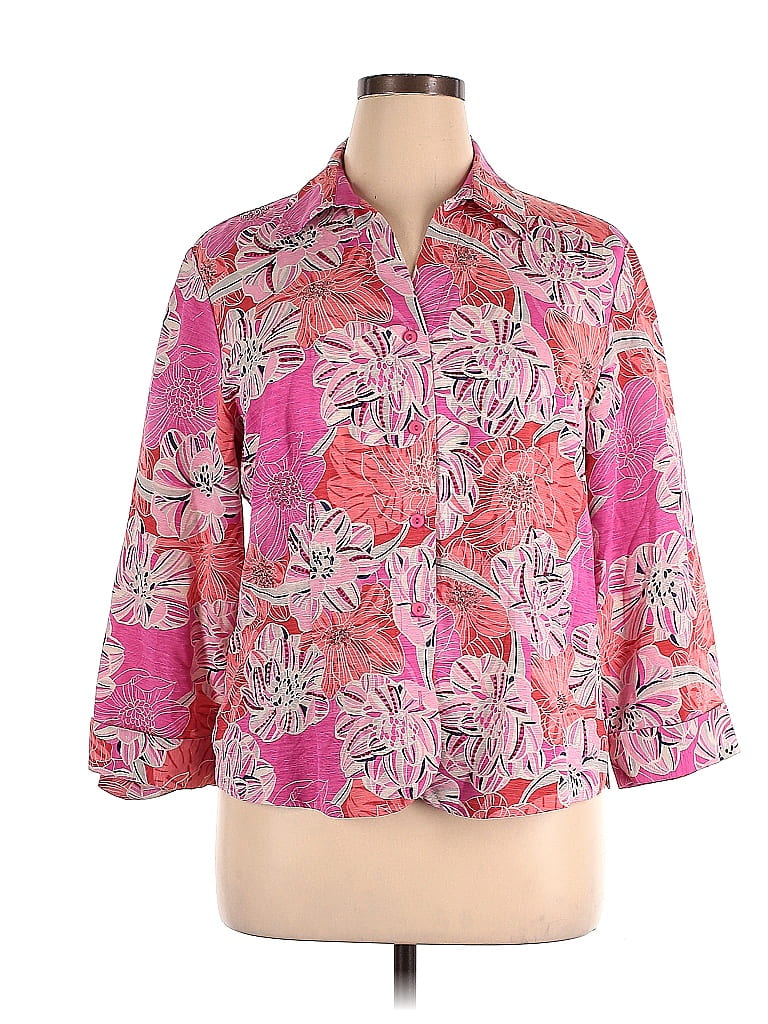 Sag Harbor 100% Silk Floral Motif Damask Floral Batik Tropical Pink Long Sleeve Silk Top Size 16 - photo 1