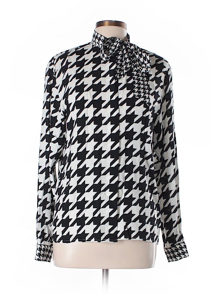 Evan Picone 100% Rayon Houndstooth Black Long Sleeve Blouse Size 10 ...