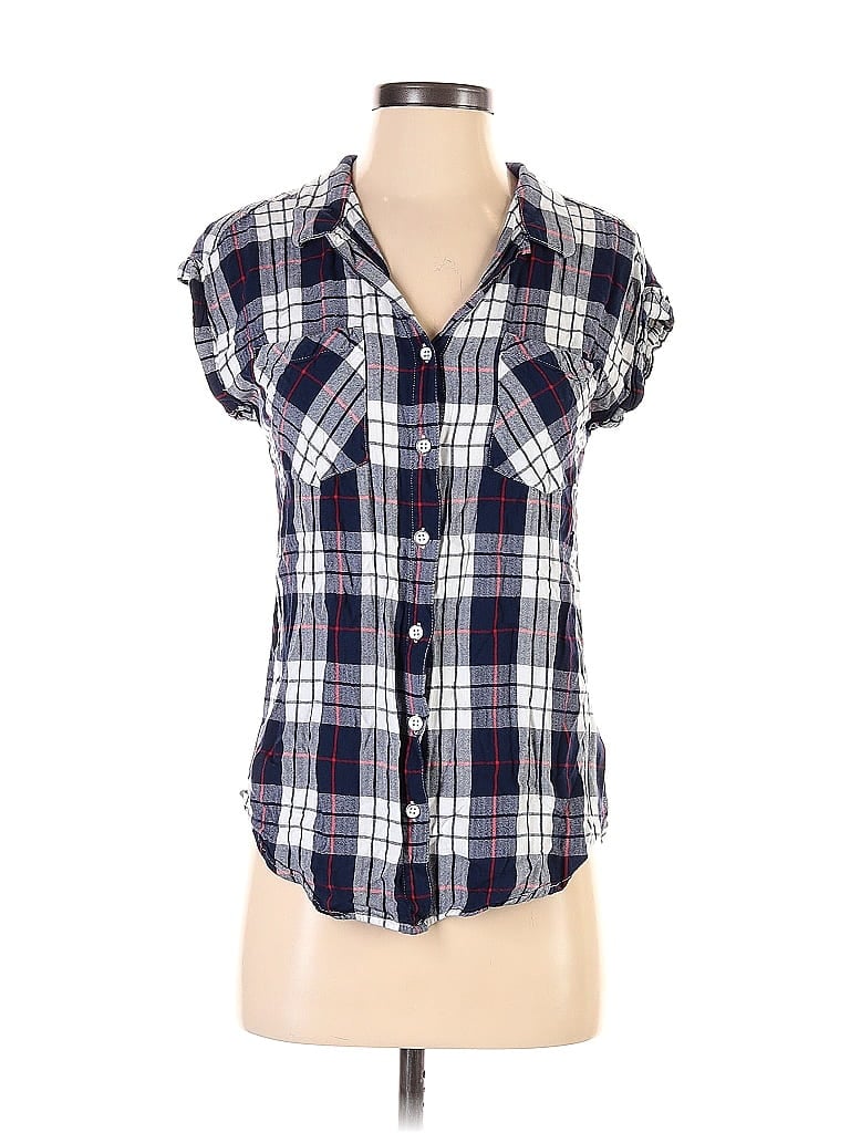 Jachs Girlfriend 100% Rayon Plaid Blue Short Sleeve Button-Down Shirt Size S - photo 1