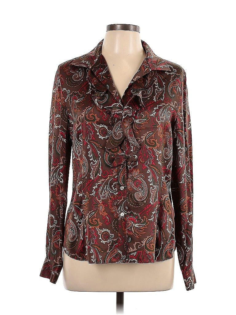 Lafayette 148 New York 100% Silk Damask Paisley Brocade Burgundy Long Sleeve Silk Top Size 10 - photo 1