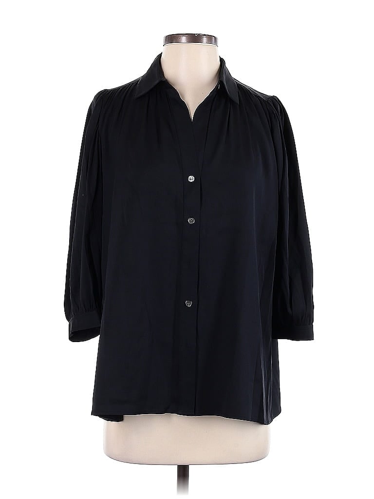 Pre-owned Theory 3/4 Sleeve Silk Top Black Collared Neckline Tops