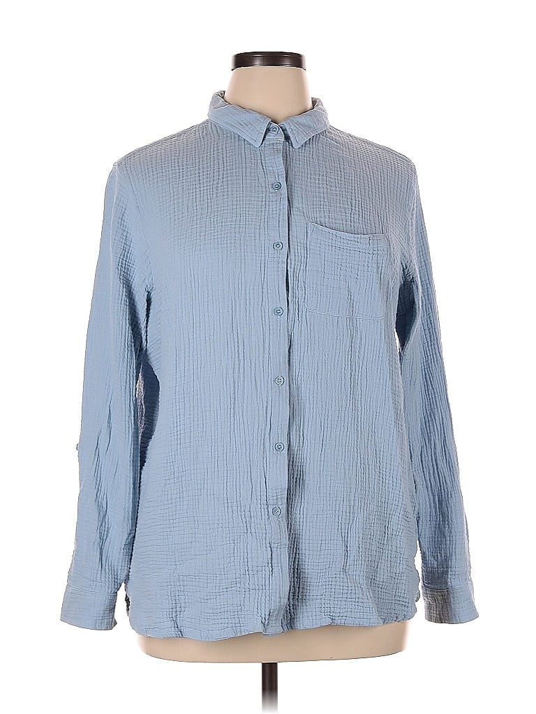 Anne Klein 100% Cotton Houndstooth Checkered-gingham Blue Long Sleeve Button-Down Shirt Size XL - photo 1