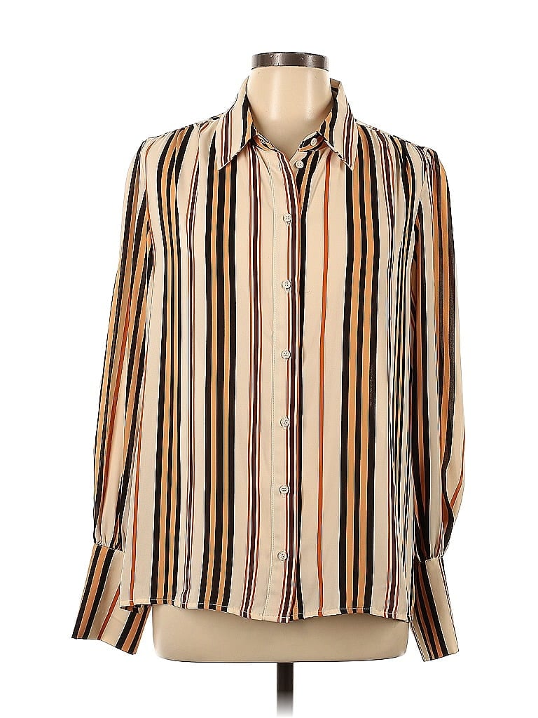 Eva Mendes by New York & Company 100% Polyester Stripes Tan Long Sleeve Blouse Size L - photo 1