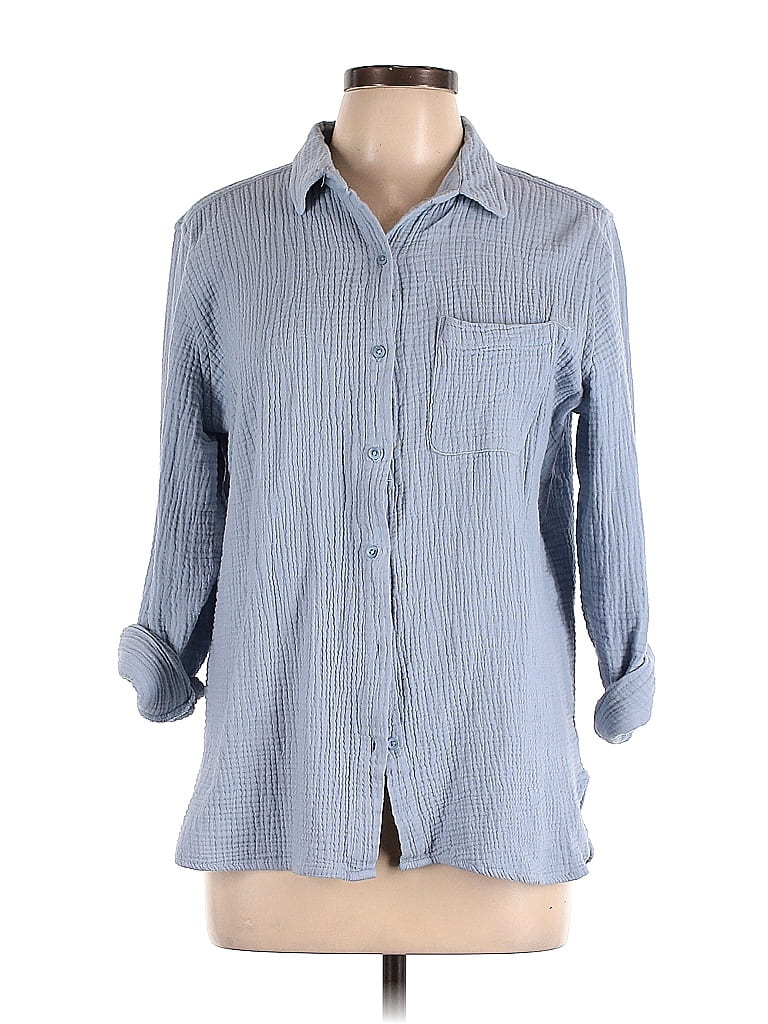 Anne Klein Houndstooth Checkered-gingham Blue 3/4 Sleeve Button-Down Shirt Size L - photo 1