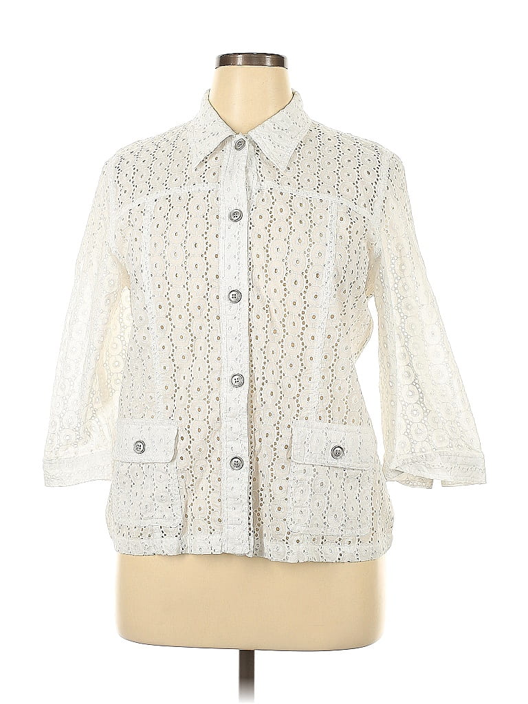 Alfred Dunner Women's Eyelet Denim Jacket – Lace-Like Trim, Collared, Long Sleeve