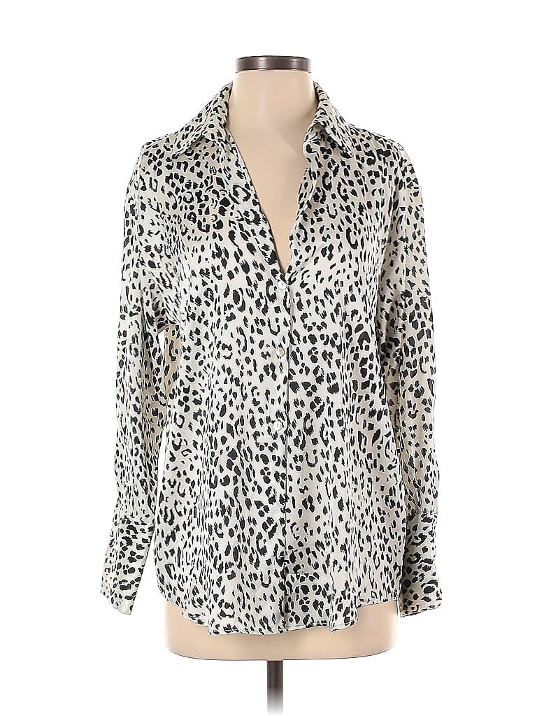Zara Animal Print Leopard Print Ivory Long Sleeve Button-Down Shirt Size S - photo 1