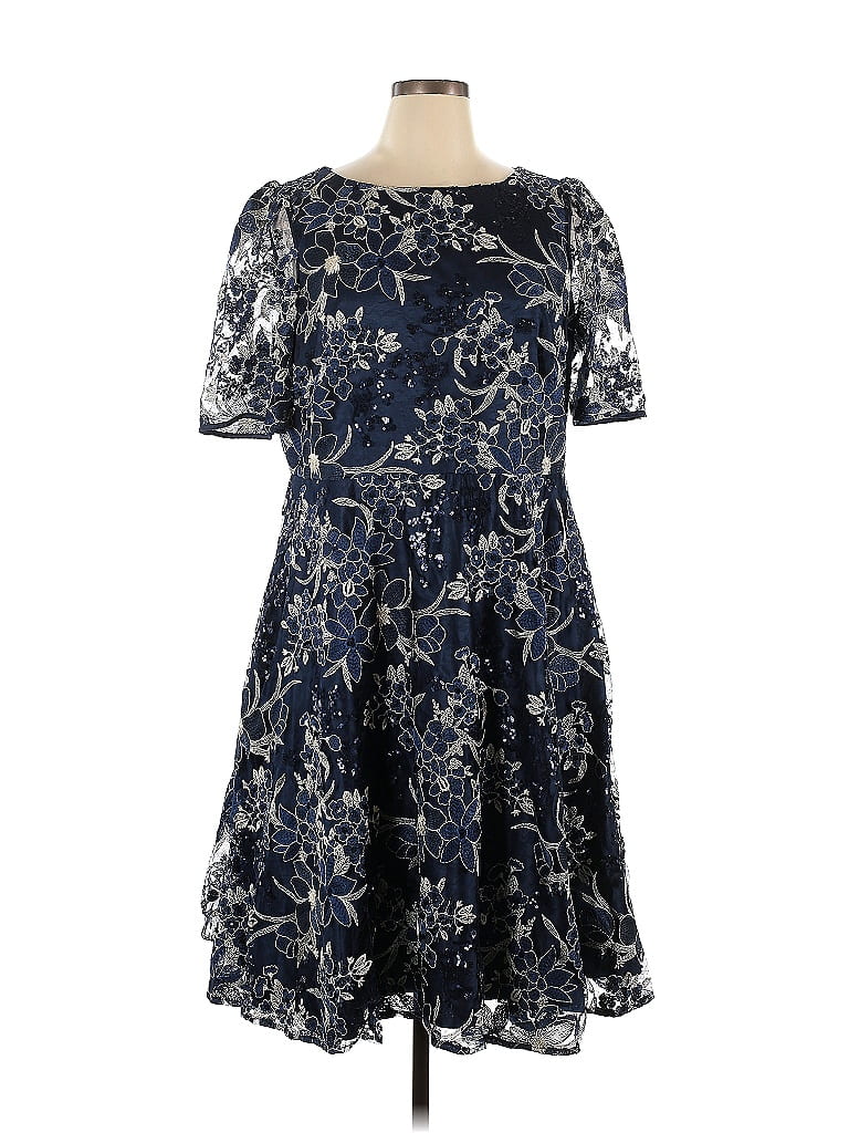 Eliza J 100% Nylon Jacquard Floral Motif Damask Brocade Blue Casual Dress Size 16 - photo 1
