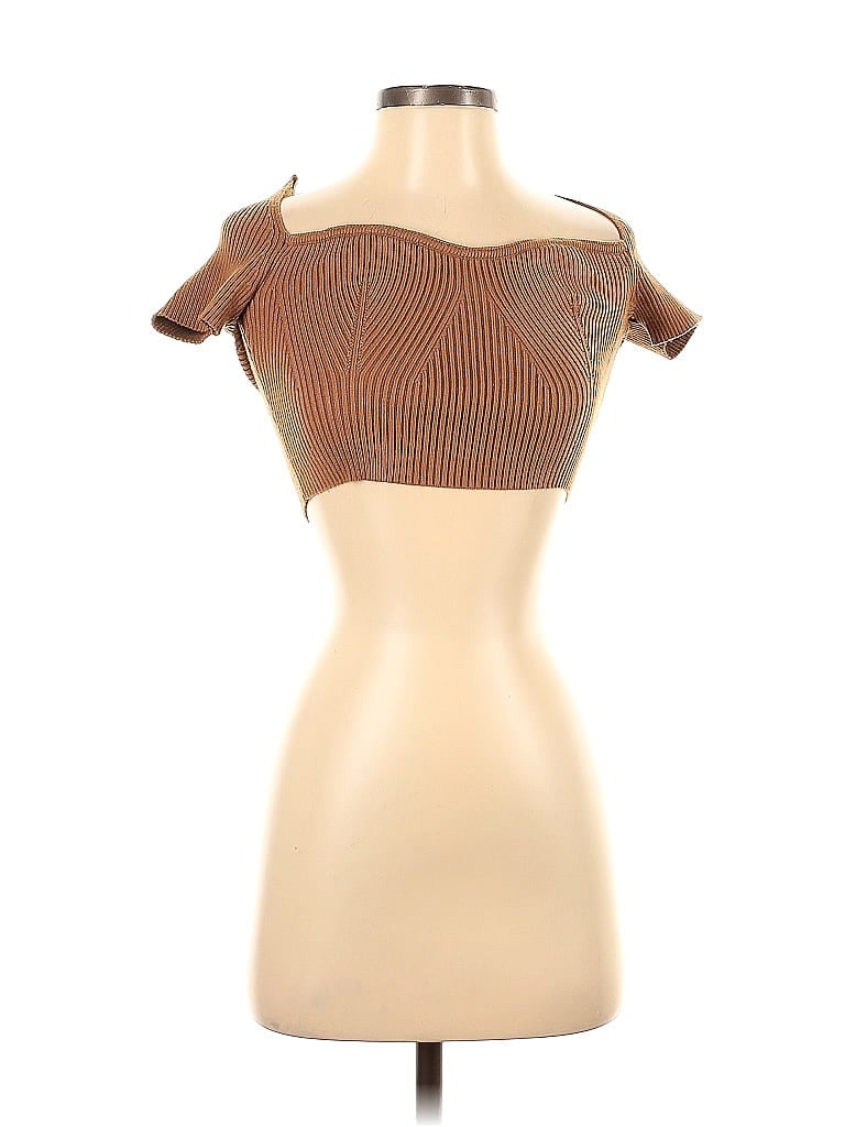 Pre-owned Beige Botany Short Sleeve Top Brown Strapless Neckline Tops