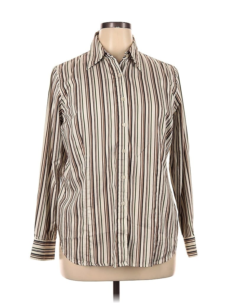 Jones New York Signature 100% Cotton Fair Isle Chevron-herringbone Stripes Brown Long Sleeve Button-Down Shirt Size 1X (Plus) - photo 1